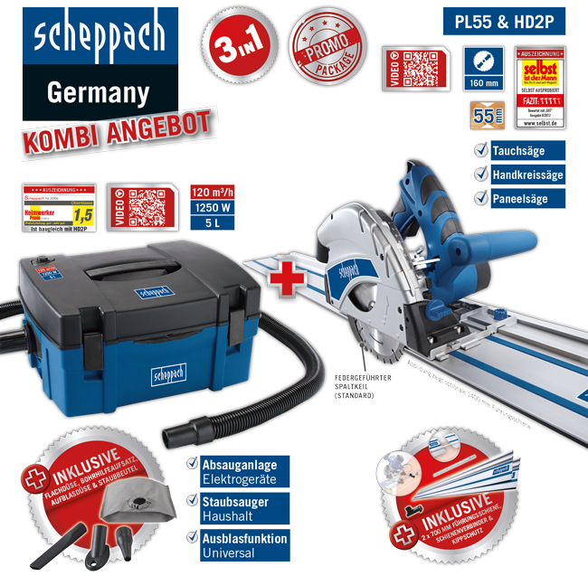 Scheppach 3in1 Kompakt-Absauganlage PL55 | Tauchsägen-Set Norma24 160mm HD2P 