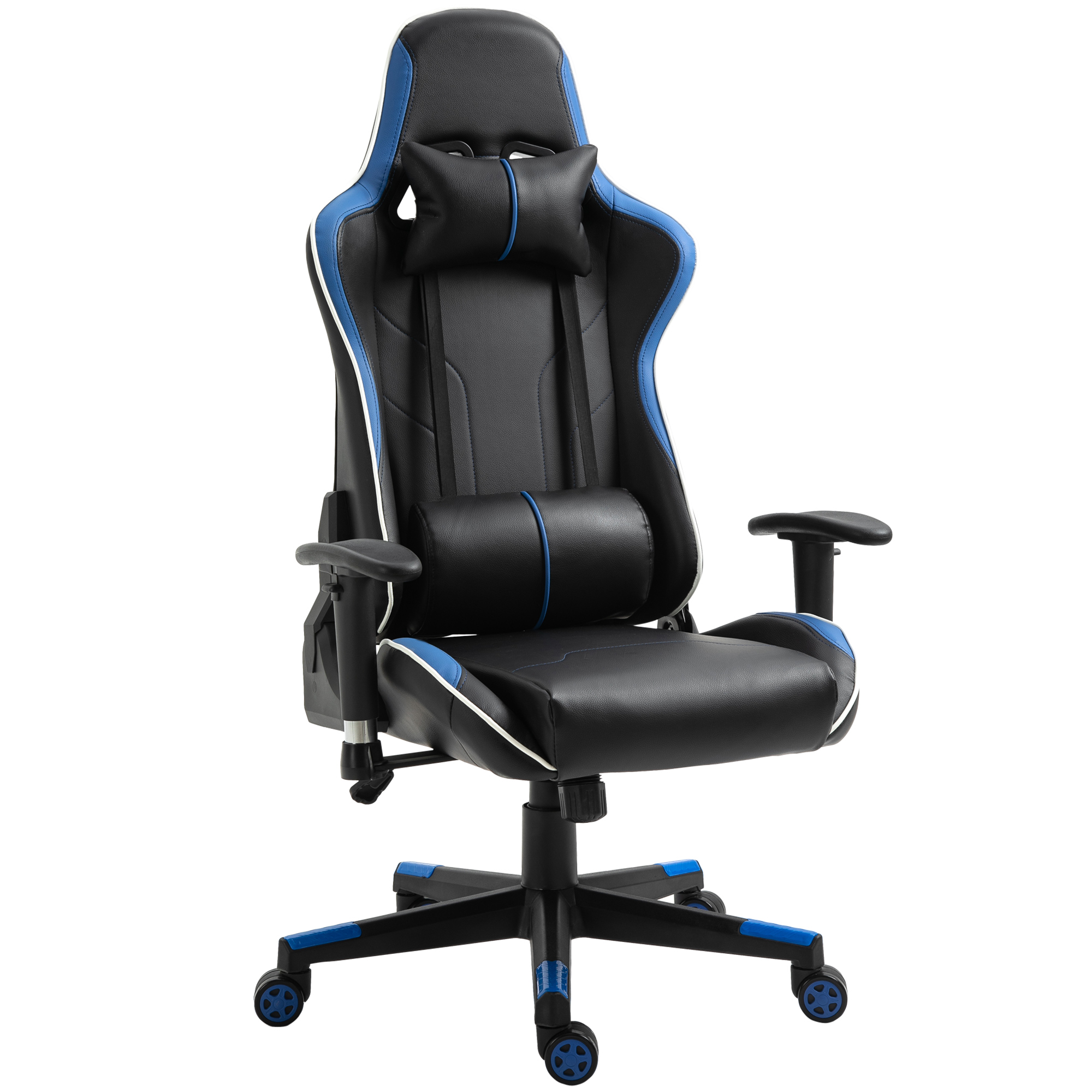HOMCOM Gaming Stuhl mit Liegefunktion Bürostuhl Schreibtischstuhl mit  Kopfstütze und Lendenkissen Griff verstellbar PVC Leder Blau+Schwarz 70 x  60 x 128-138 cm