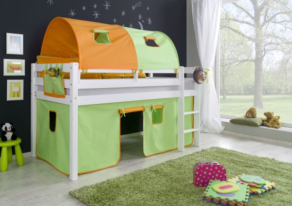 Halbhohes Spielbett ALEX Buche massiv weiß lackiert mit Stoffset grün/orange