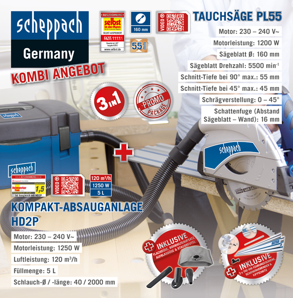 Scheppach 3in1 Kompakt-Absauganlage HD2P 160mm PL55 Tauchsägen-Set | Norma24 