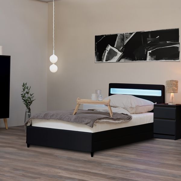 HOME DELUXE LED Bett NUBE mit Schubladen und Matratze - 90 x 200 cm Schwarz