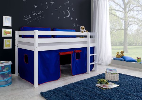Halbhohes Spielbett ALEX Buche massiv weiß lackiert mit Stoffset Vorhang blau/rot