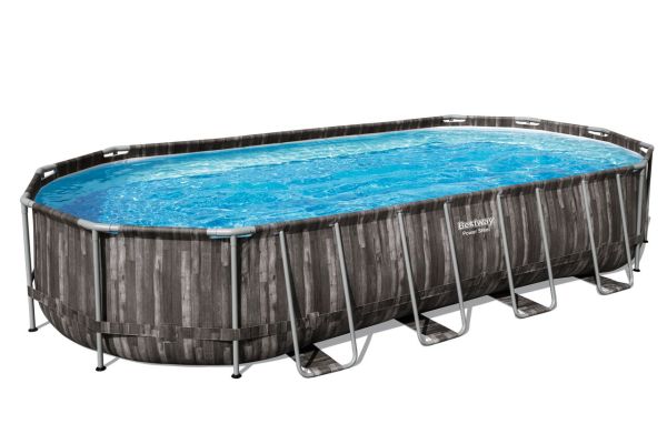 Power Steel™ Frame Pool Komplett-Set mit Filterpumpe, Holz-Optik (Mooreiche), oval 732 x 366 x 12 cm