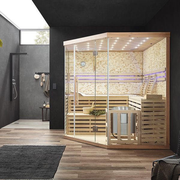 Traditionelle Sauna SKYLINE XL BIG Kunststeinwand - 200 x 200 cm