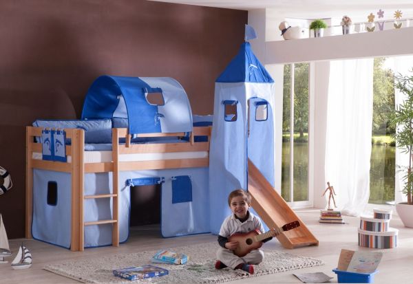 Halbhohes Spielbett ALEX mit Rutsche/Turm/Tunnel Buche massiv natur lackiert mit Stoffset blau/delfi