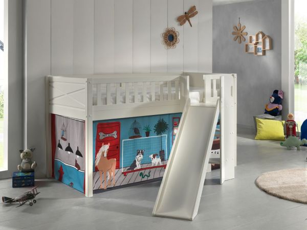 Spielbett SCOTT, LF 90 x 200 cm, mit Rolllattenrost, Rutsche, Leiter und Textilset "Pet Shop", weiß