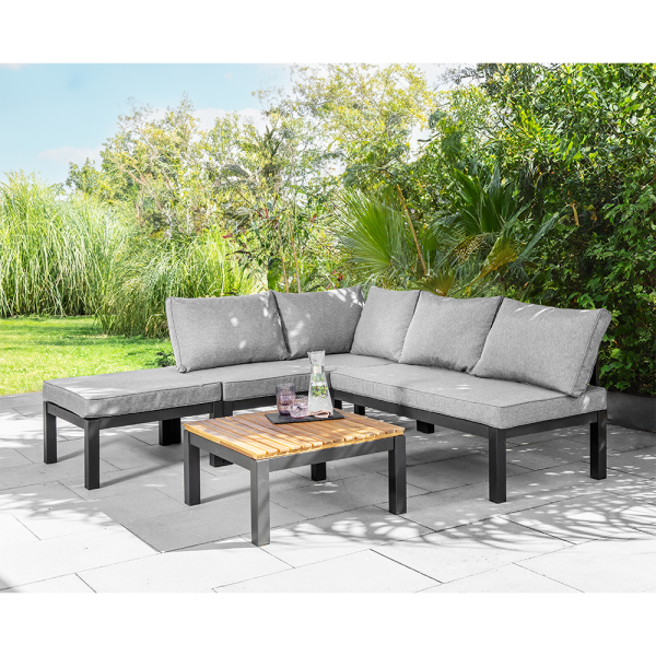 Gartenset Ecklounge Outdoor mit Tisch 7 tlg. inklusive Kissen mit Tisch aus Akazienholz - Grau