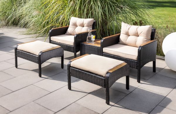 Gartenmöbelset Rattan-Möbelset Gartenstuhl mit Hocker 5tlg. mit Armlehne aus Akazienholz - beige