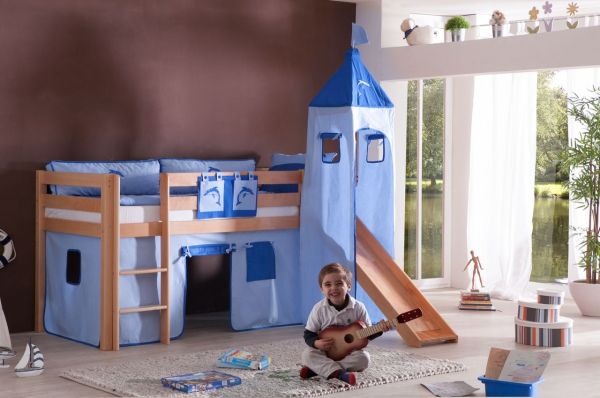 Halbhohes Spielbett ALEX mit Rutsche/Turm Buche massiv natur lackiert mit Stoffset blau/delfin