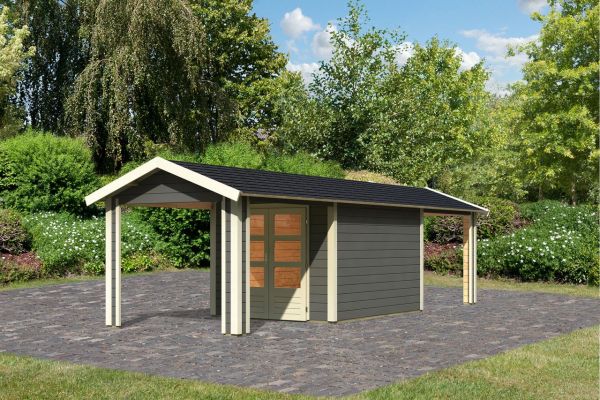 Gartenhaus "Gartenhaus Verino Y" SET terragrau mit 2x Dachausbau, Schindeln, Boden, Dachrinne