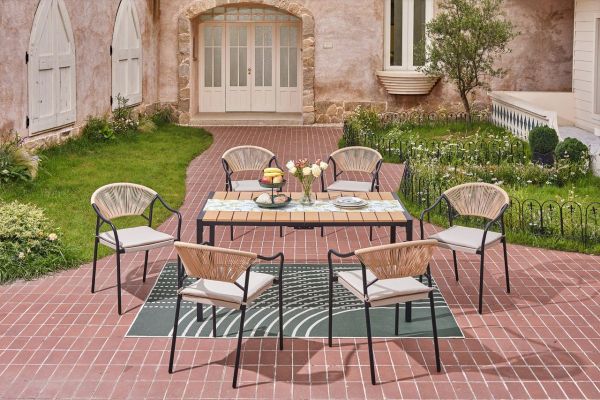 Happy Home 7 tlg. Dining Set HGS33-BEI helles Rattan mit Sitzkissen in Beige