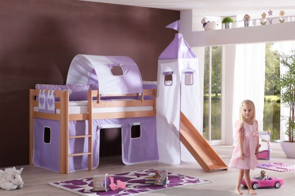 Halbhohes Spielbett ALEX mit Rutsche/Turm/Tunnel Buche massiv natur lackiert mit Stoffset purple/wei