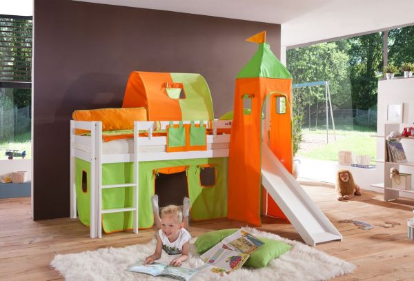Halbhohes Spielbett ALEX mit Rutsche/Turm/Tunnel Buche massiv weiß lackiert mit Stoffset grün/orange