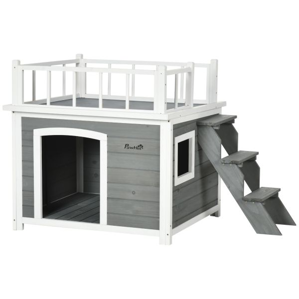 PawHut Hundehütte Hundehaus mit Balkon Erhöhtes Kleintierhaus mit Treppe Fenster