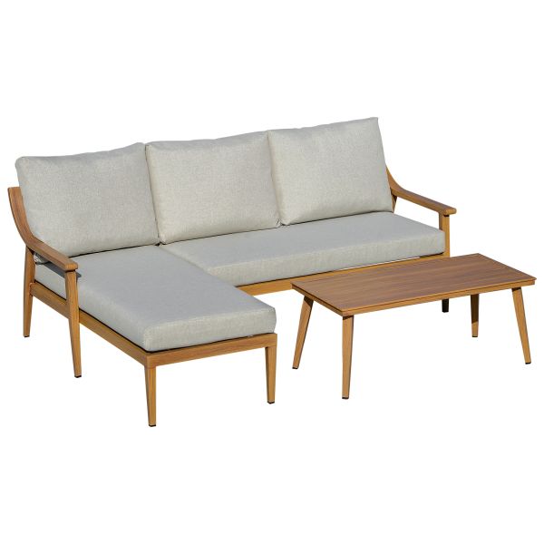 3-teiliges Gartenmöbel Set mit Chaiselongue Doppelsofa Beistelltisch & Kissen Khaki Loungemöbel Gart