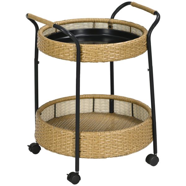 Servierwagen Rattan Gartenrollwagen Trolley mit 2 Regalen Natur