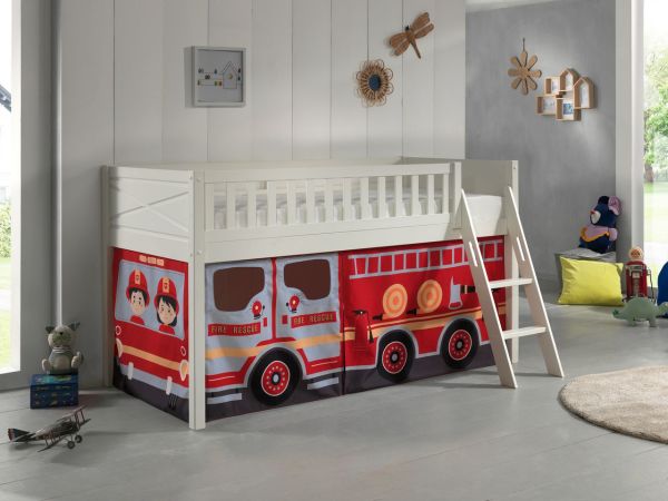 Spielbett SCOTT, LF 90 x 200 cm, mit Rolllattenrost, Leiter und Textilset "FIRE RESCUE", weiß lackie