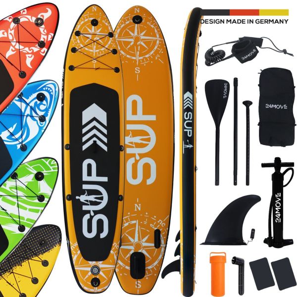 24MOVE® Standup Paddle Board SUP, inkl. Zubehör, Paddel und Hochdruckpumpe, ORANGE, 366x80x15cm