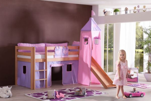 Halbhohes Spielbett ALEX mit Rutsche/Turm Buche massiv natur lackiert mit Stoffset purple/rosa