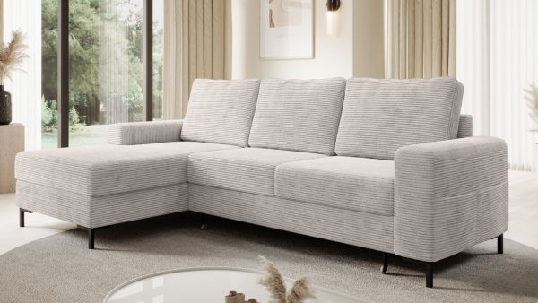 Ecksofa SAIGON Cord Lichtgrau mit Bettfunktion und Bettkasten Bett Sofa Schlafsofa Ottomane links