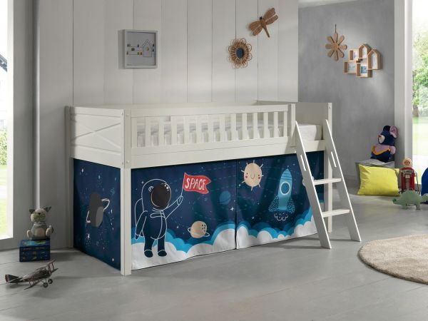 Spielbett SCOTT, LF 90 x 200 cm, mit Rolllattenrost, Leiter und Textilset "Space Shuttle", weiß lack