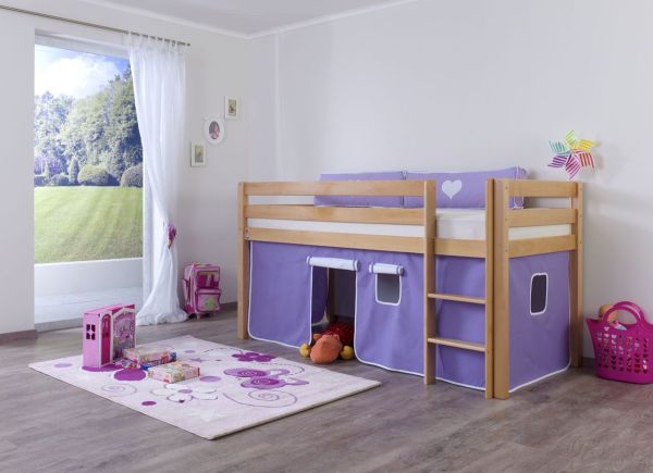 Halbhohes Spielbett ALEX Buche massiv natur lackiert mit Stoffset Vorhang purple/weiß