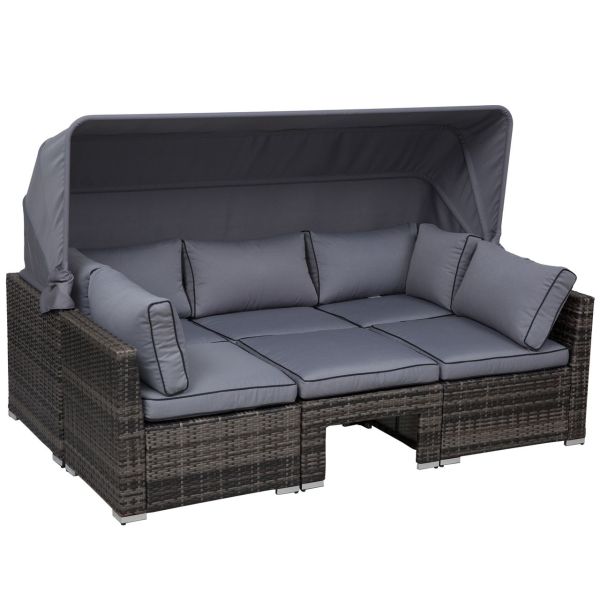 Rattan Lounge Set mit Sonnendach inkl. Kissen und Beistelltisch Metall Grau 215 x 75 x 64 cm