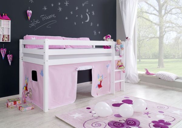 Halbhohes Spielbett ALEX Buche massiv weiß lackiert mit Stoffset Vorhang Princess