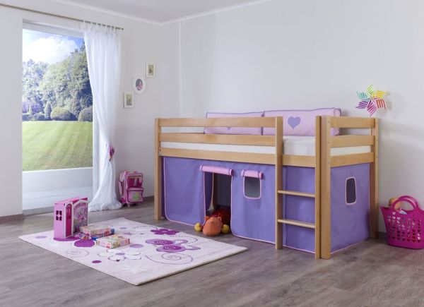 Halbhohes Spielbett ALEX Buche massiv natur lackiert mit Stoffset Vorhang purple/rosa