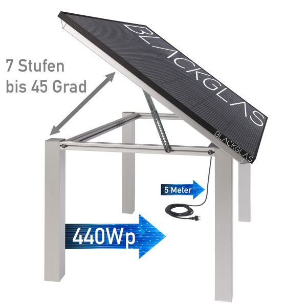 SolarTisch ECOpower-440Wp-FBGG, Bifacial, 7-stufig verstellbar, ohne Rollen, 80x80mm Tischbeine, BKW