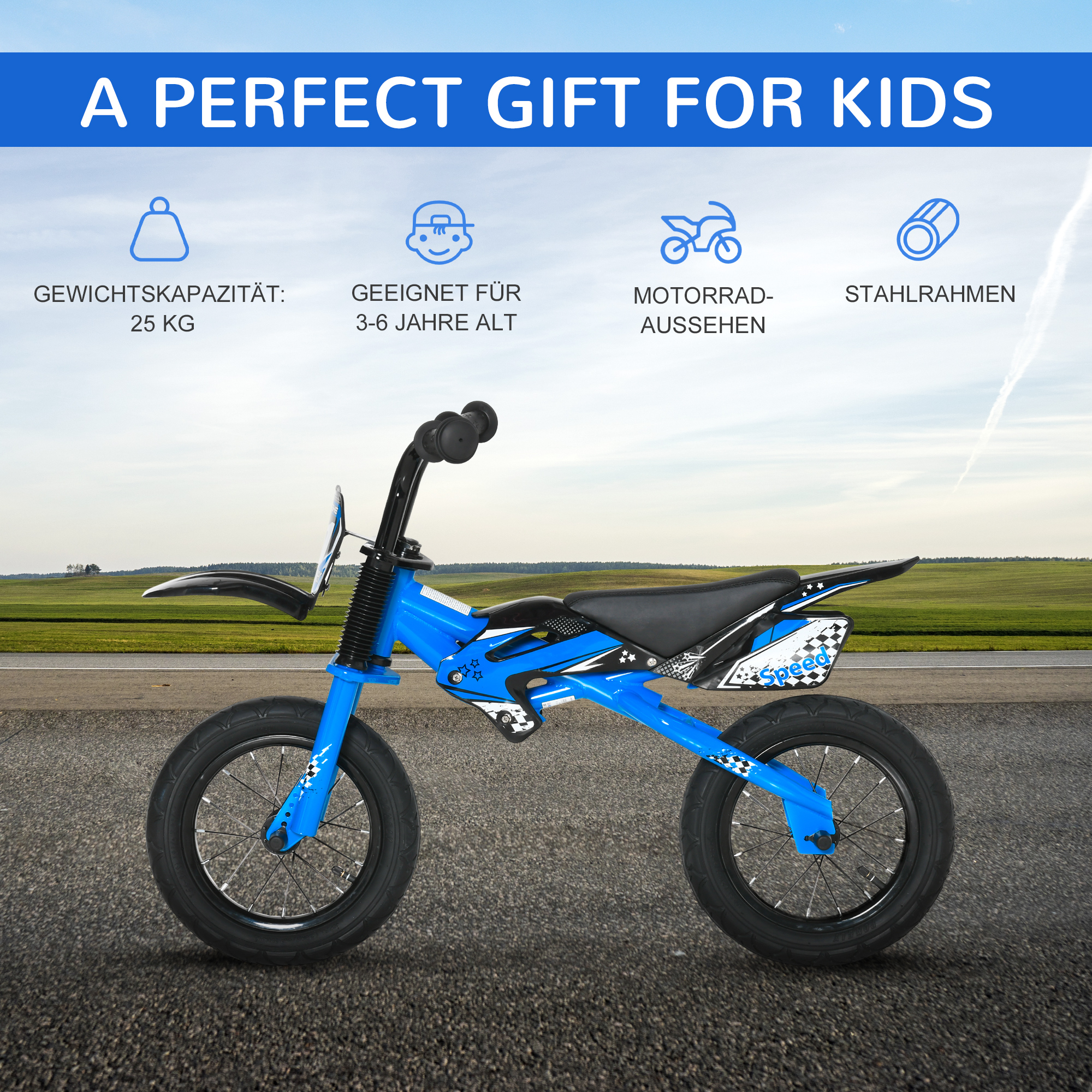 HOMCOM Laufrad für Kinder im Motorraddesign Kinderlaufrad 3-6 Jahre Motorrad  Kinderspielzeug Luftgefüllte Reifen Sitz aus Kunstleder Blau 91 x 43 x 61  cm