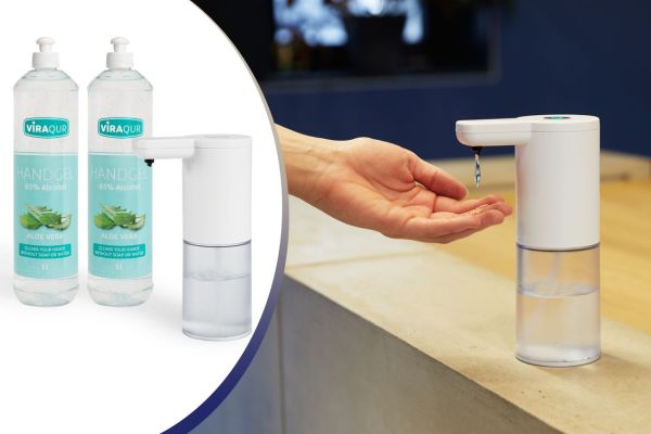 Viraqur Handhygiene-Set: automatischer Seifenspender inkl. desinfizierendem Handgel.