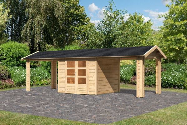 Gartenhaus "Gartenhaus Verino X" SET naturbelassen mit 2x Dachausbau, Schindeln, Boden, Dachrinne