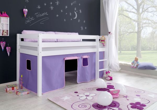 Halbhohes Spielbett ALEX Buche massiv weiß lackiert mit Stoffset Vorhang purple/rosa