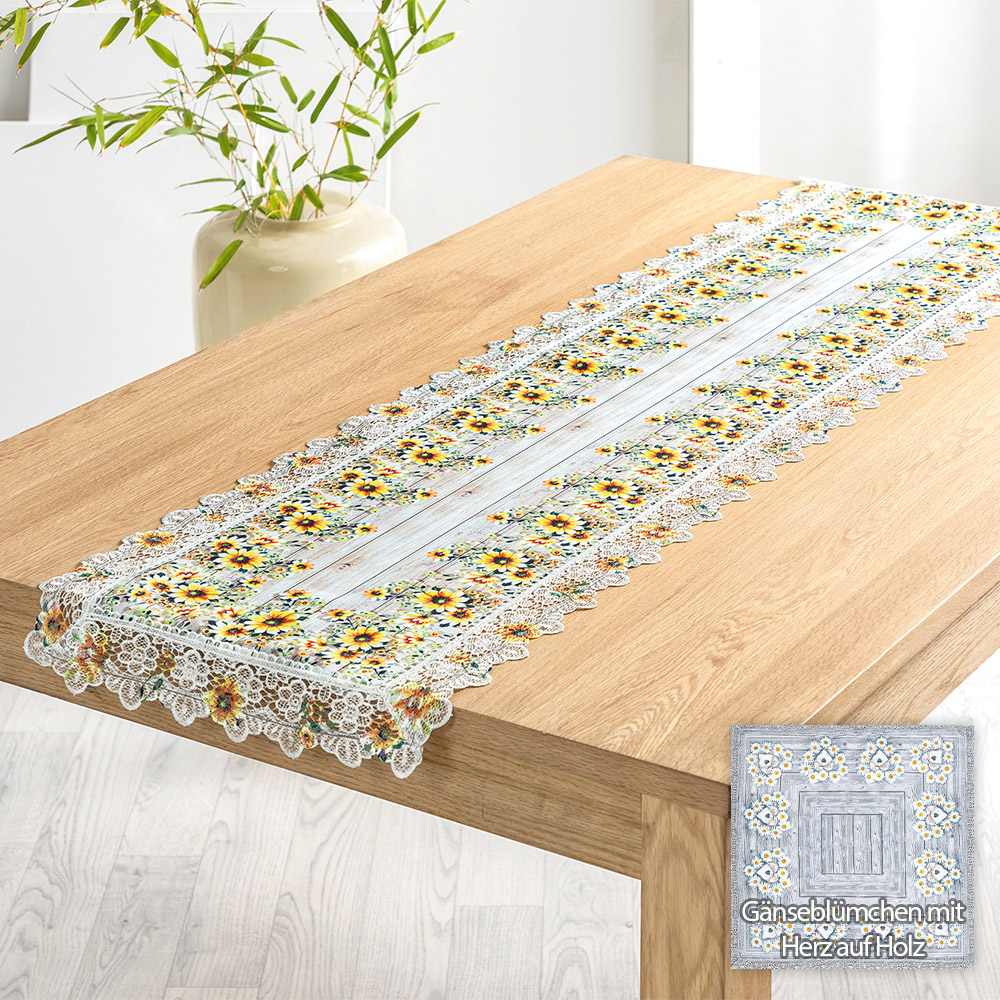 Bella Casa Tischläufer, ca. 40 - mit Norma24 x Holz 150 cm auf | Herz Gänseblümchen