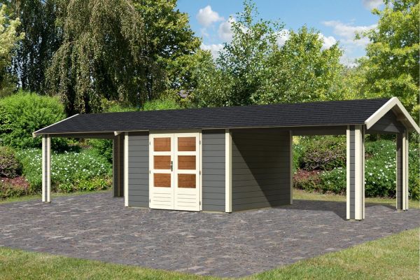 Gartenhaus "Gartenhaus Verino Z" SET terragrau mit 2x Dachausbau, Schindeln, Boden, Dachrinne