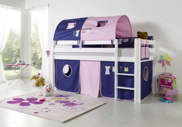 Halbhohes Spielbett ALEX Buche massiv weiß lackiert mit Stoffset Kleider Kleider/Violett