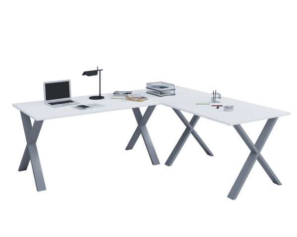 Eck-Schreibtisch "Lona" 190x160x50 X-Füße Weiß/Silber