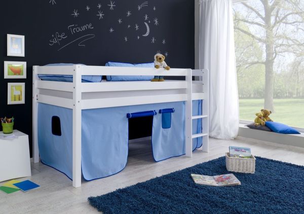 Halbhohes Spielbett ALEX Buche massiv weiß lackiert mit Stoffset Vorhang blau/delfin