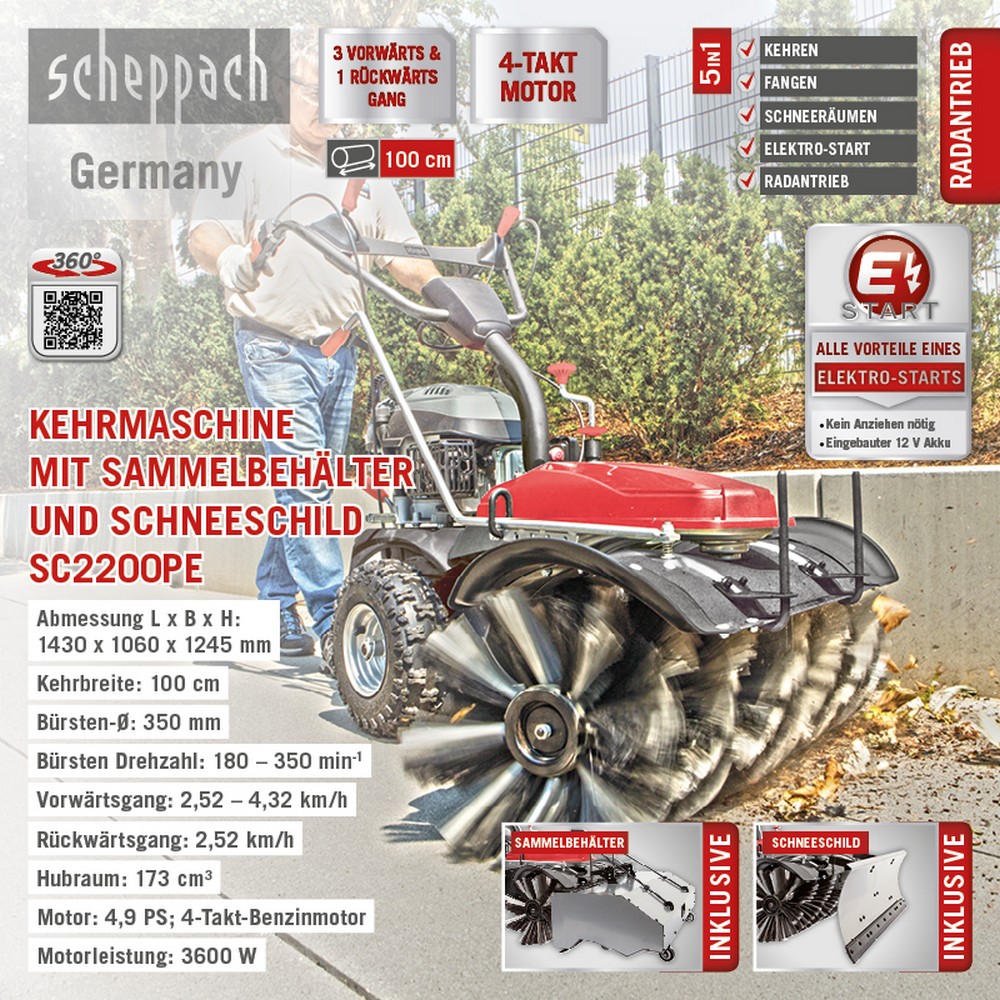 Scheppach SC2200PE 5in1 E-Start Benzin Kehrmaschine Schneeschieber  Laubsammler
