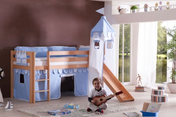 Halbhohes Spielbett ALEX mit Rutsche/Turm Buche massiv natur lackiert mit Stoffset blau/boy