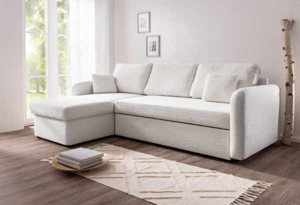 Ecksofa NICE Abriamo Boucle Ecru Hell mit Bett und Bettkasten Ottomane Universell Rechts Links