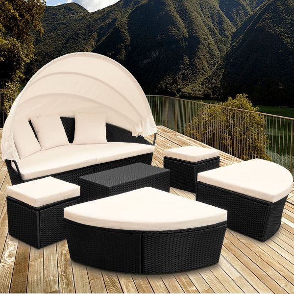 Sonneninsel Polyrattan oval mit Sonnendach 226 x 185 x 71cm schwarz/creme