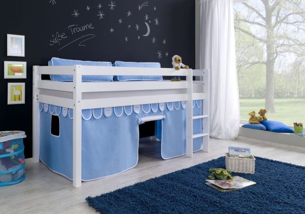 Halbhohes Spielbett ALEX Buche massiv weiß lackiert mit Stoffset Vorhang blau/boy