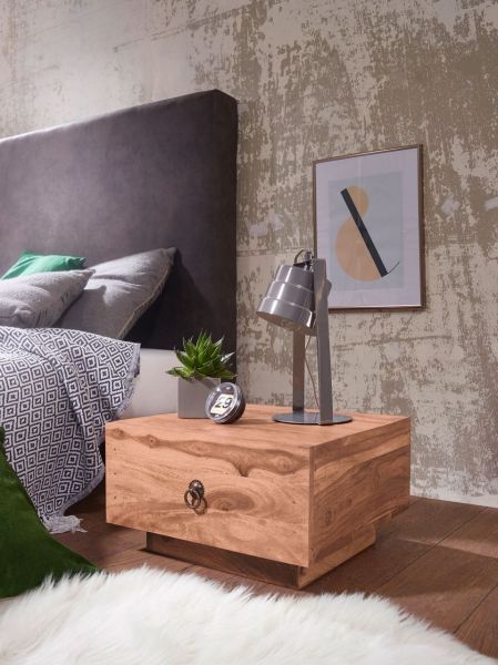 Nachttisch Massiv-Holz Akazie Design Nacht-Kommode 25 cm hoch mit Schublade Nachtschrank Natur-Holz