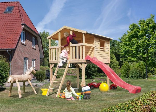 Stelzenhaus "Benjamin" SET AKTION2 naturbelassen mit Rutsche rot