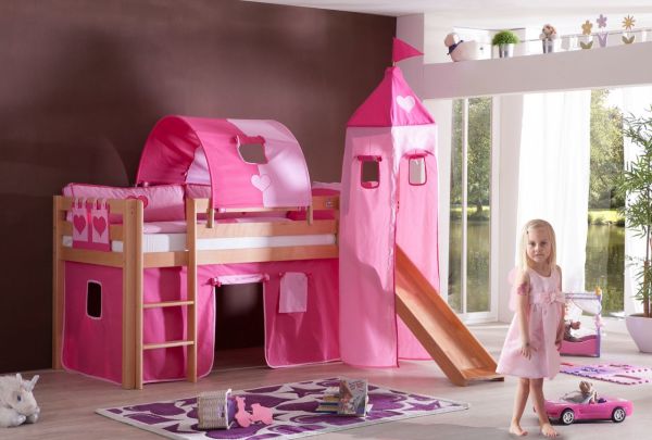 Halbhohes Spielbett ALEX mit Rutsche/Turm/Tunnel Buche massiv natur lackiert mit Stoffset pink/herz