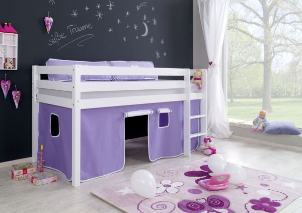 Halbhohes Spielbett ALEX Buche massiv weiß lackiert mit Stoffset Vorhang purple/weiß