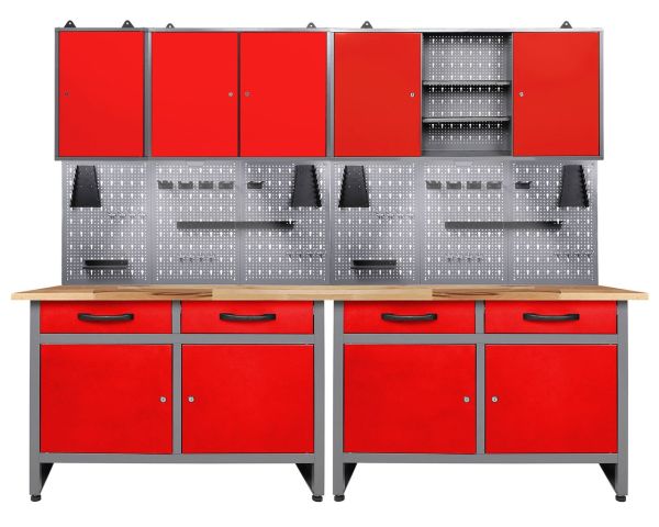 Ondis24 Werkstatt Set Werner 240 cm 3 Schränke LED rot