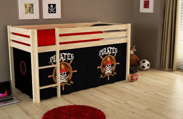 Spielbett Pino mit Textilset "Pirates", Ausf. Kiefer massiv natur lackiert